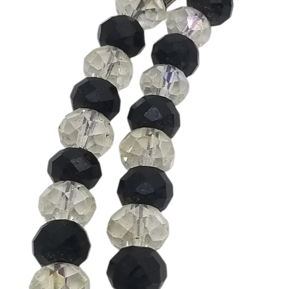 VINTAGE  BLACK & CRYSTAL GLASS BEAD & SILVERTONE SAINT PENDANTS ROSARY NECKLACE